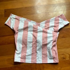 Kortni Jeane Off The Shoulder Pink White Swim Top Small